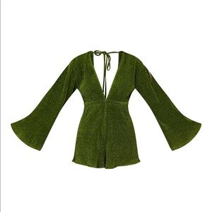 Green Glitter Plisse Flare Sleeve Plunge Romper